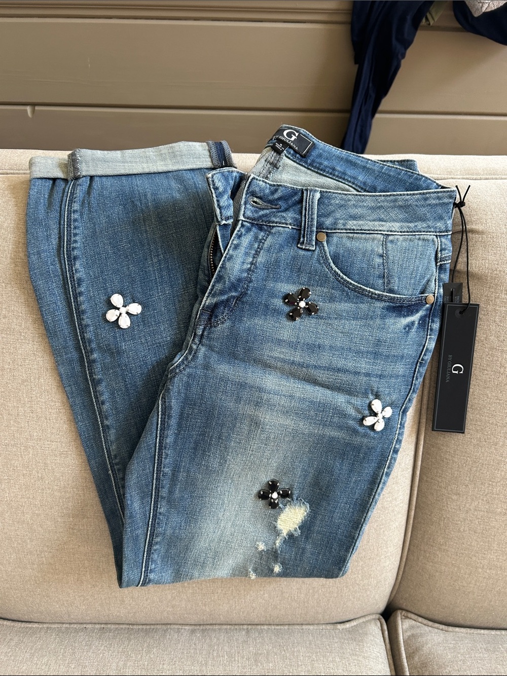 G by Giuliana Medium Blue Boyfriend Jeans with Floral Crystal Accents